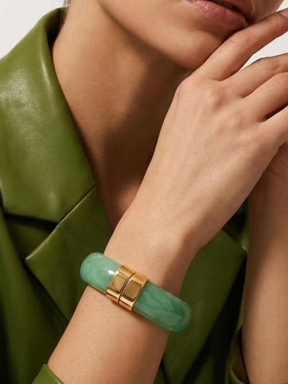 Hinged oval resin bangle faux jade